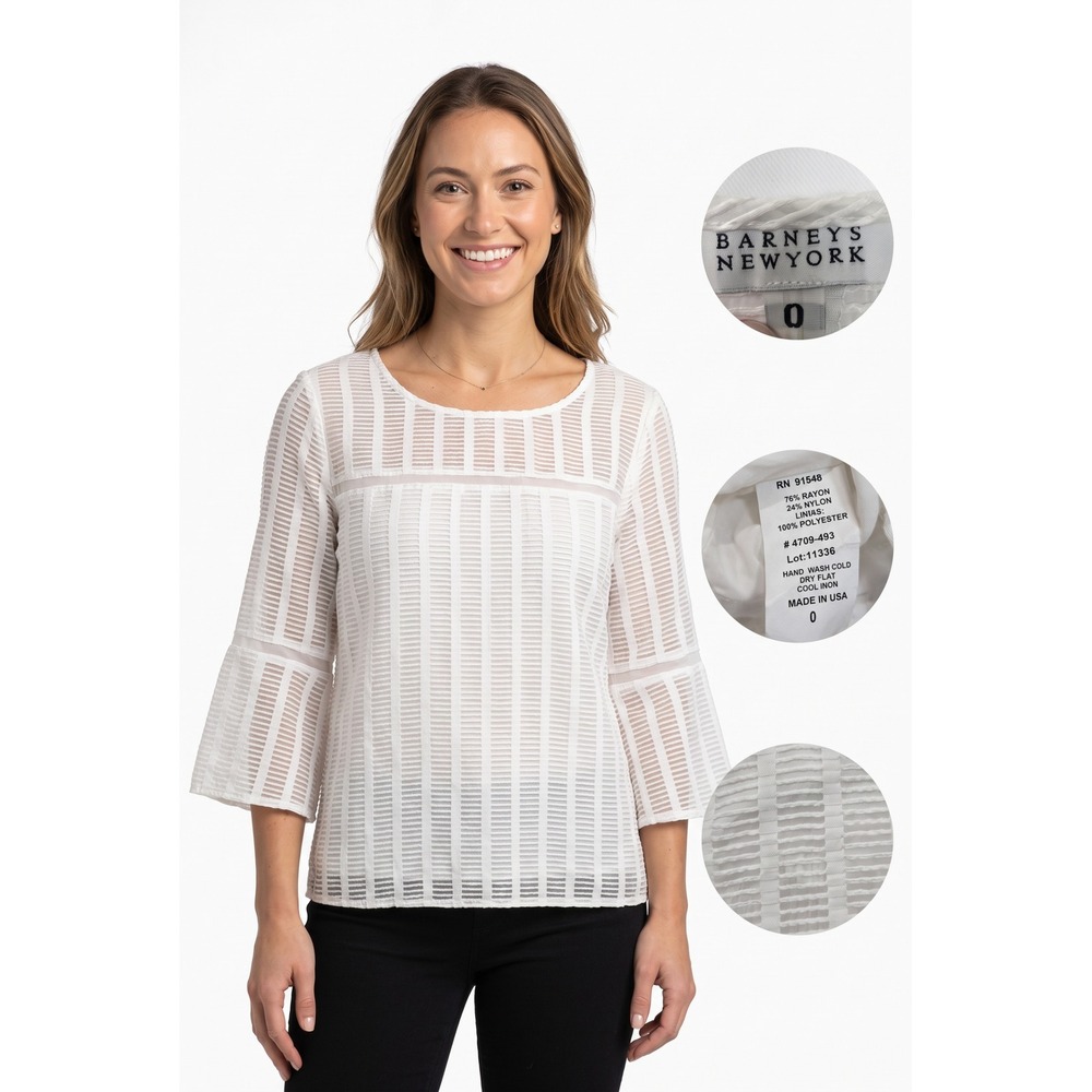 Barneys New York Blouse Womens 0 White Textured Sheer Inset Made in USA Top
